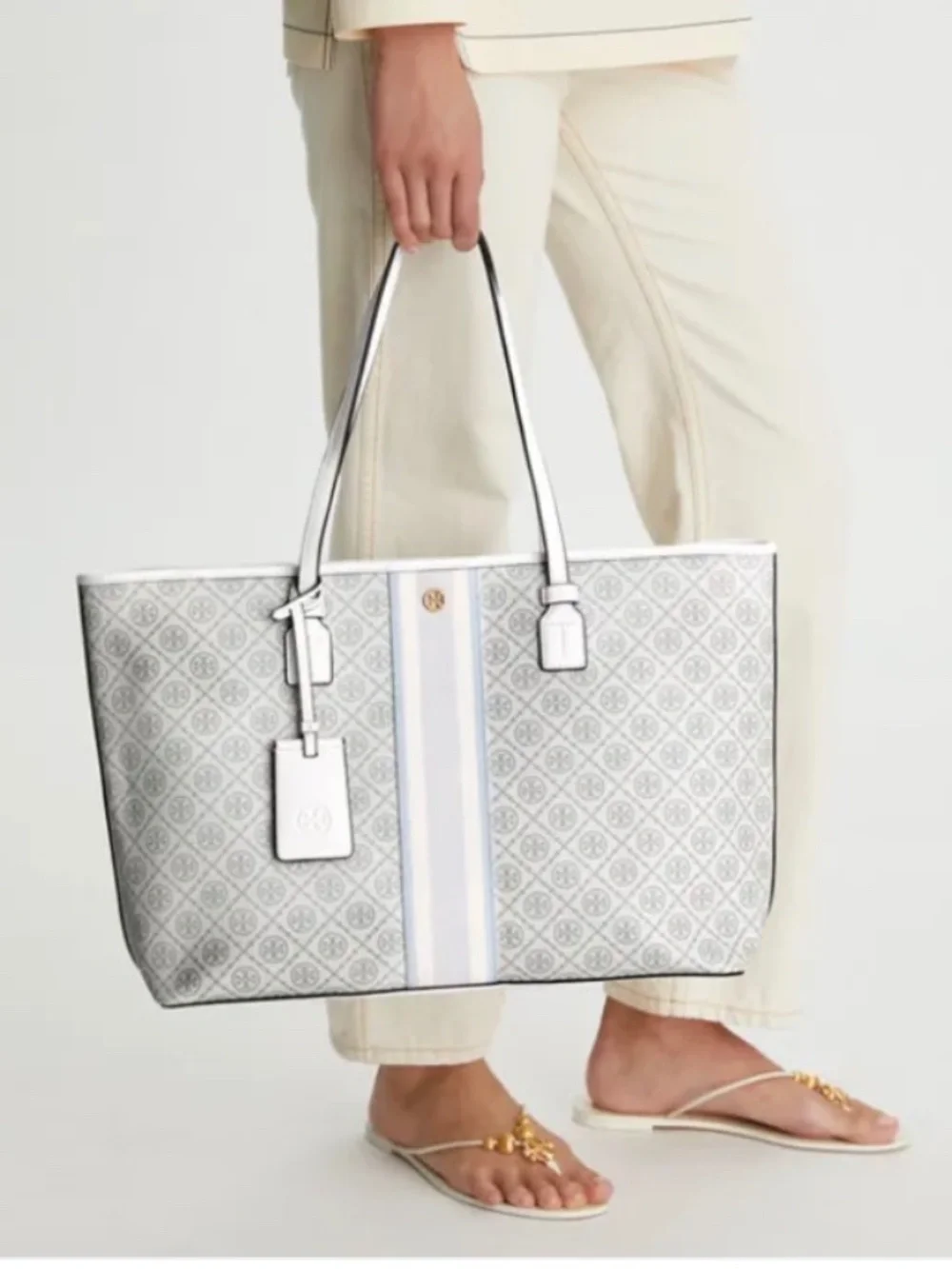 Tory Burch T Monogram Coated Canvas Zip Tote Laptop Work Bag NWOT Ivory